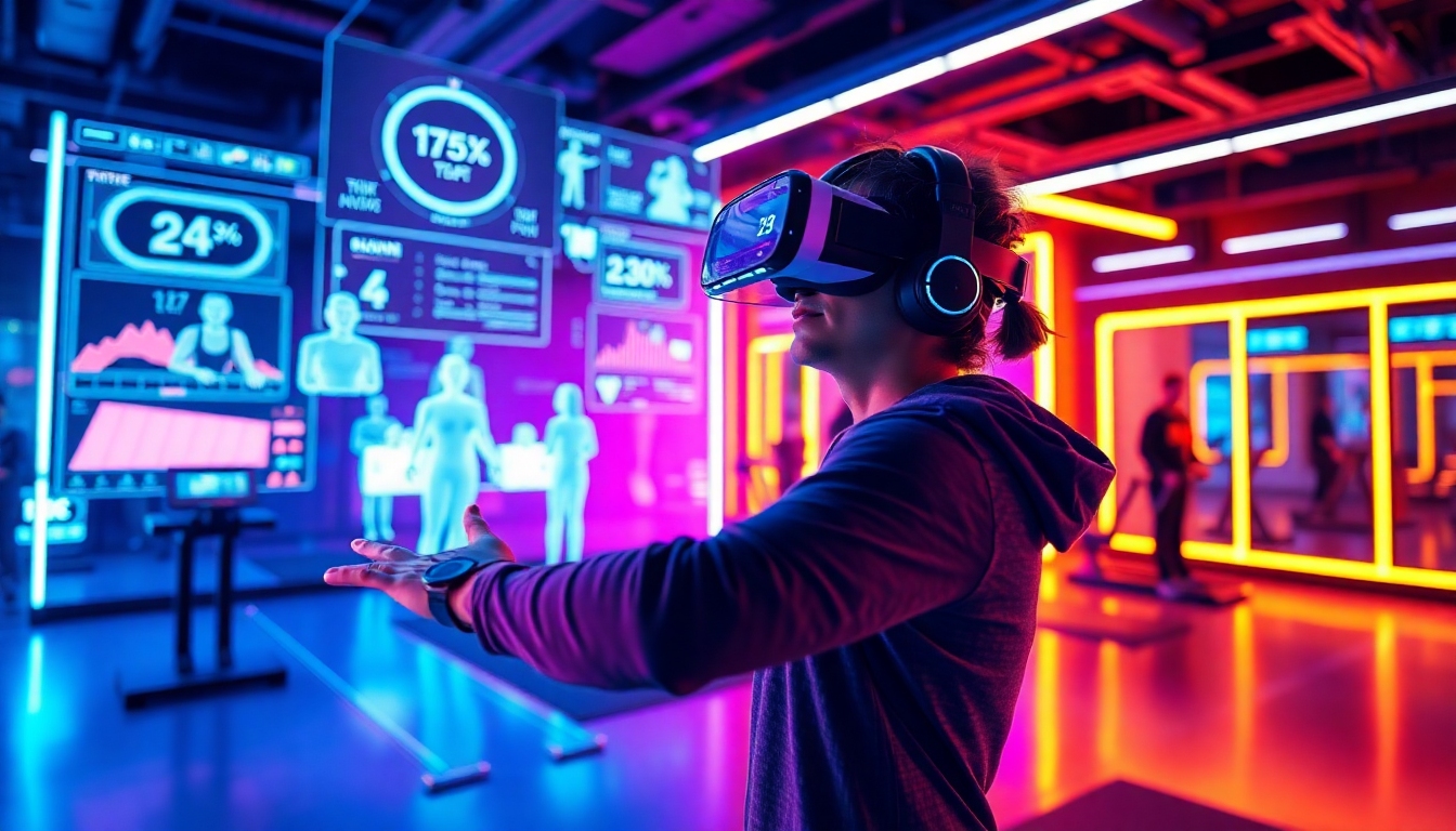 VRヘッドセットを装着してメタバース上の仮想フィットネススタジオでトレーニングする人物