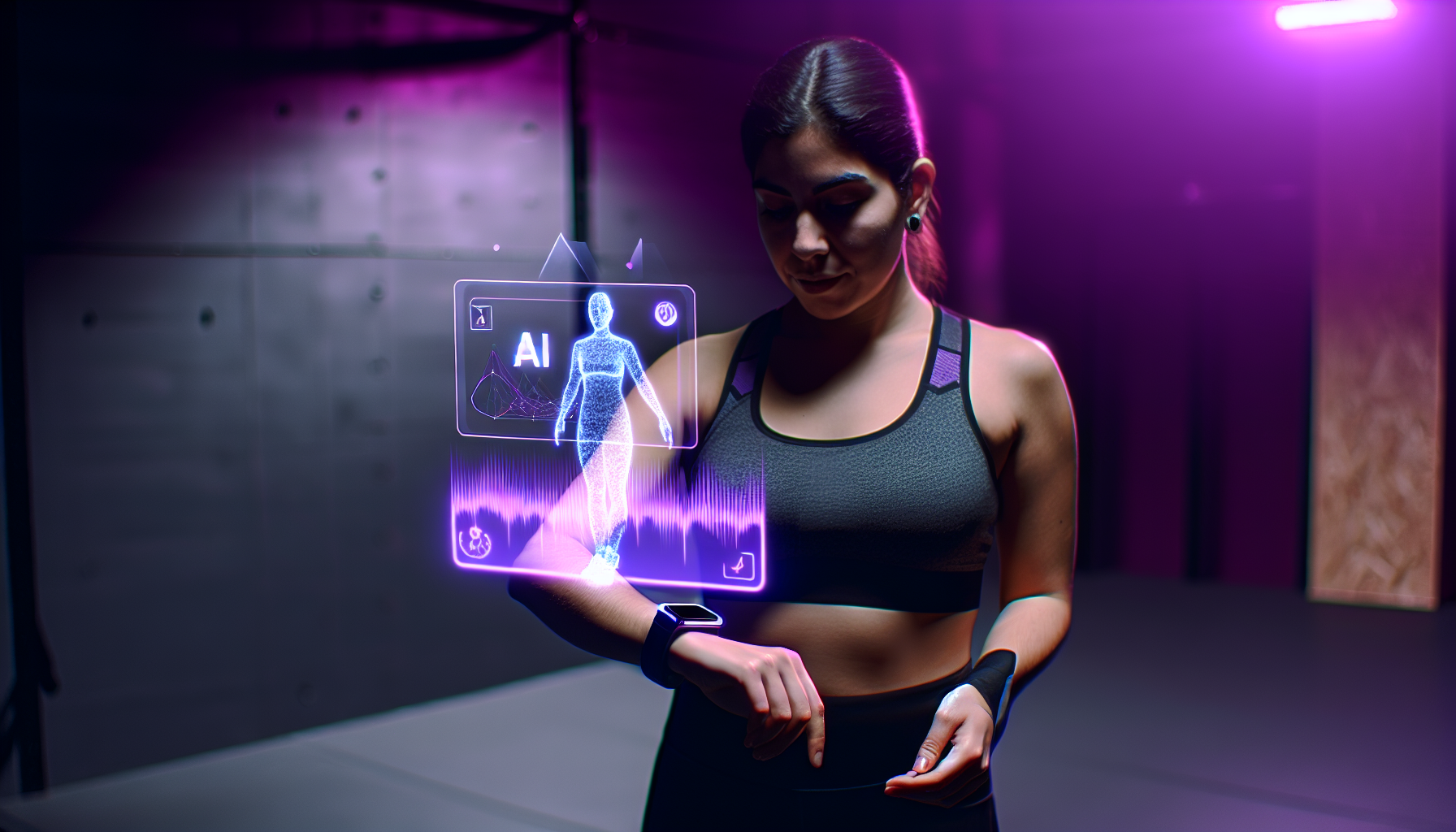 動作解析グラフとウェアラブル端末を確認するAIコーチング担当者