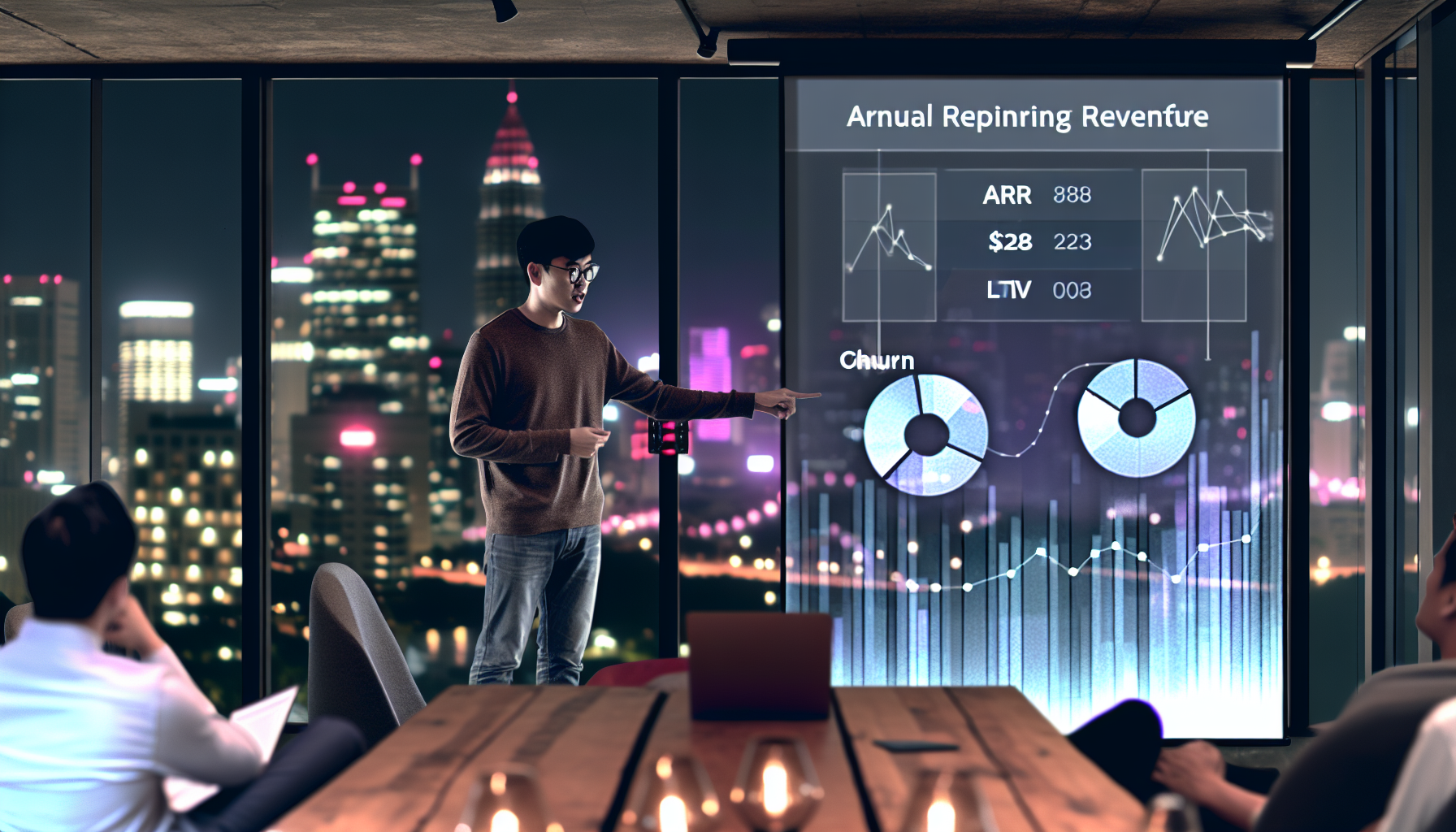 夜景を背景に財務ダッシュボードを説明するスタートアップ創業者と投資家