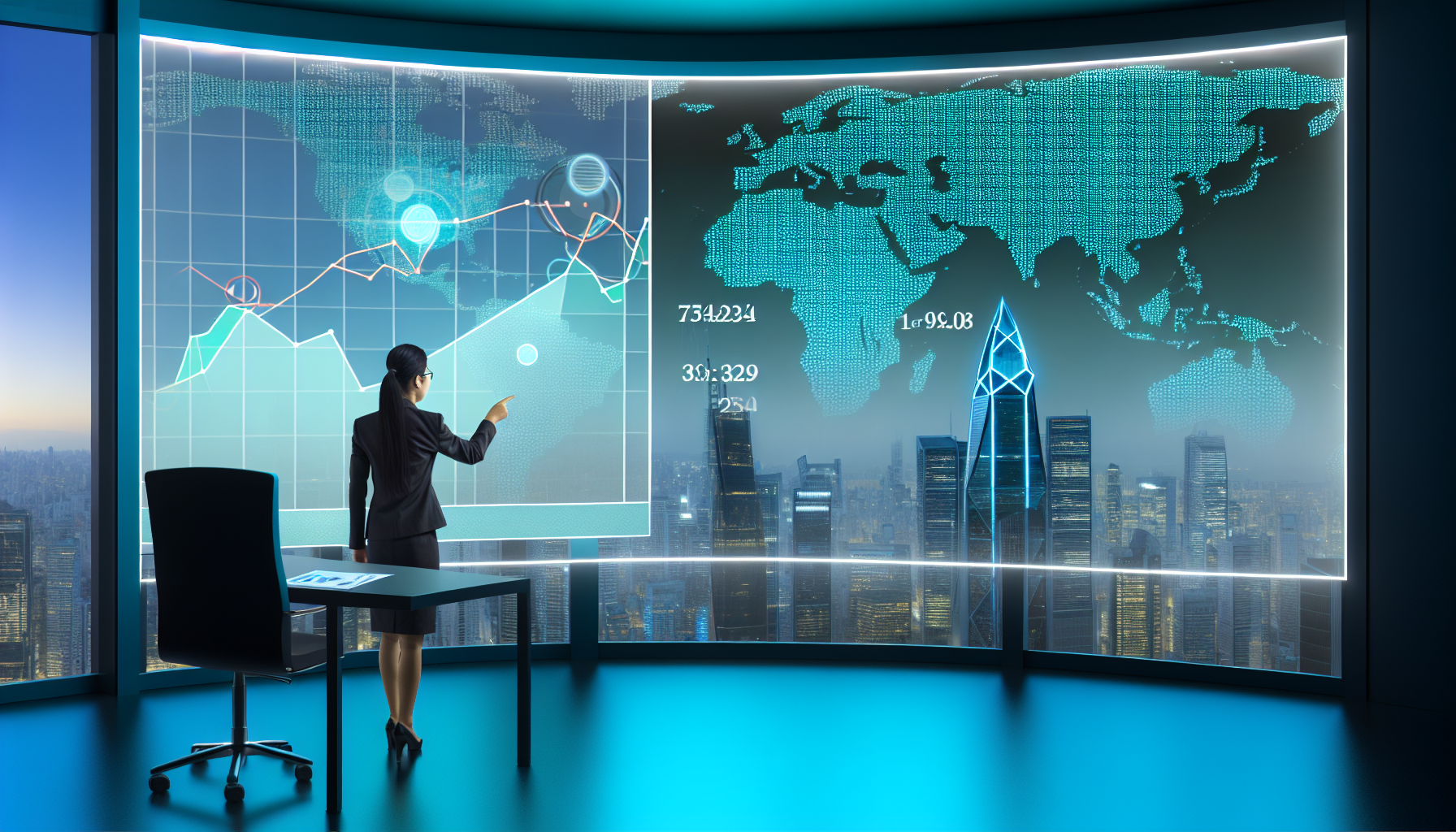 世界地図と成長率グラフを表示したスクリーンの前で市場データを分析するアナリスト