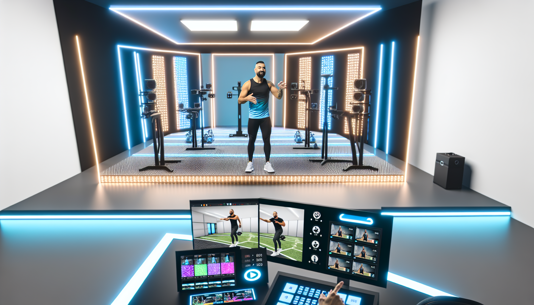 LEDウォールとカメラが並ぶライブ配信スタジオでレッスンを行うインストラクター