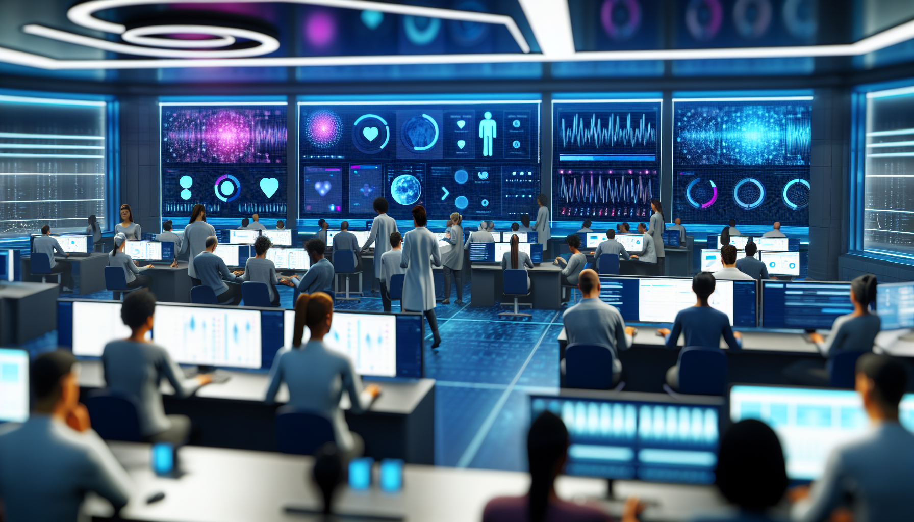 心拍や睡眠データが映る大型スクリーンを前に分析するデータチーム