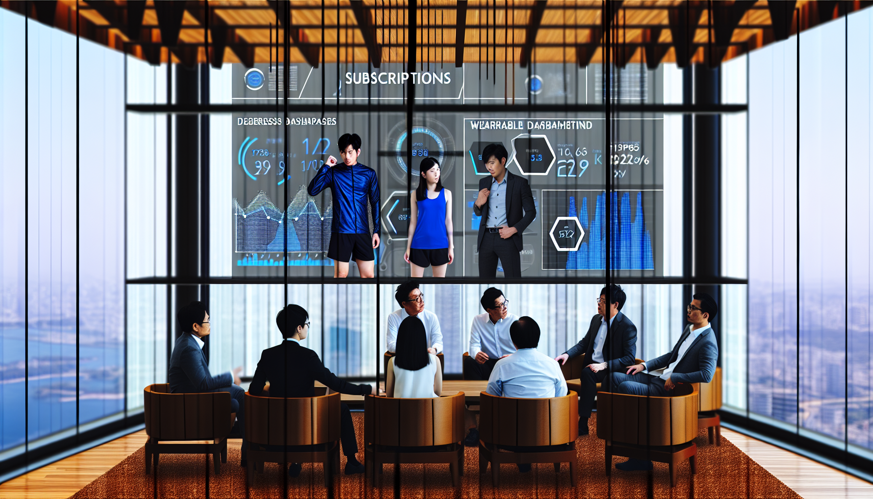 ガラス張りのラウンジでKPIダッシュボードを見ながら議論するオンラインフィットネス企業の経営チーム